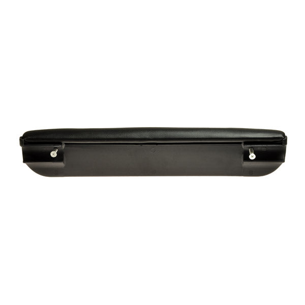 Black upholstered armrest pad for mobility scooters and power chairs, shown with screws. Ideal replacement for Invacare Storm, Nutron, Pronto, TDX, and various Quantum models.