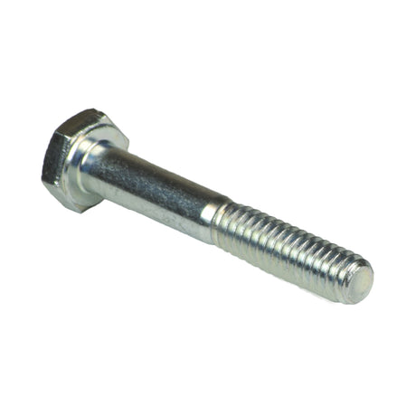 Close-up of a 1/4-20x1.75 Hex Head Bolt (SCRHHCS1027), a zinc-plated grade 5 fastener, showcasing the hexagonal head and threaded body used for various applications like basket brackets and seat levers.