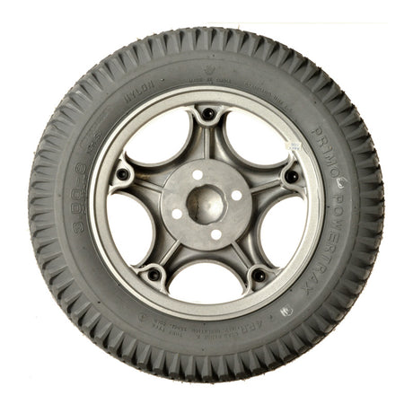 14x3 (3.00-8) Foam-Filled Drive Wheel Assembly for Invacare Power Chairs Manufactured After 10/17/01, featuring a close-up of a tire with a silver rim and four mounting holes.