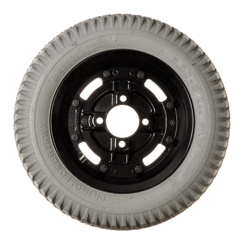 14x3 (3.00-8) Foam-Filled Drive Wheel Assembly for Invacare Power Chairs, featuring a black rim and tire, designed for power chairs manufactured before 10/17/01.