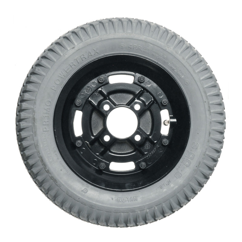 14x3 (3.00-8) Pneumatic Drive Wheel Assembly for Invacare Power Chairs Manufactured Before 10/17/01, featuring a black rim and tread, ideal for replacing worn-out wheels on compatible power chairs.