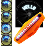 Close-up of the 14 LED Bike Spoke Message Light installed on a bicycle wheel, showcasing its intricate LED pattern display for enhanced visibility and safety during night rides.