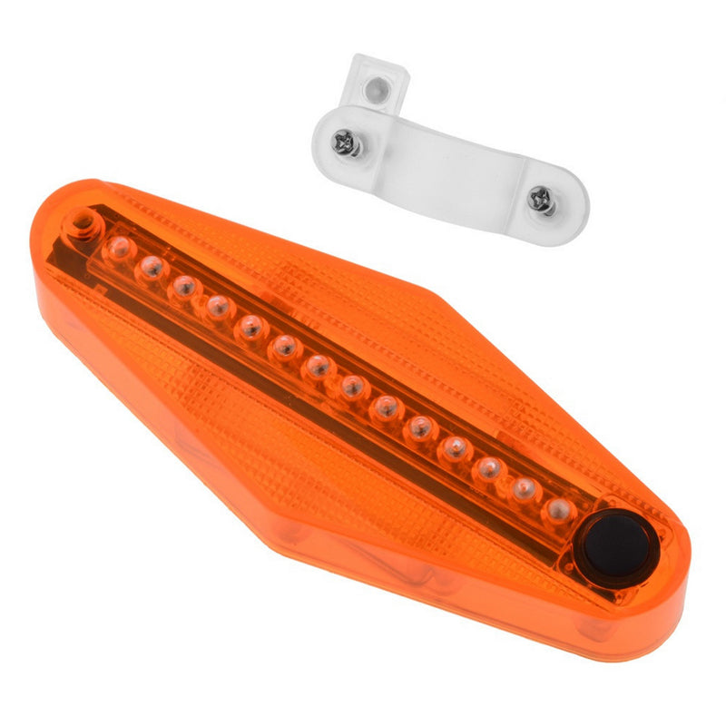 Close-up of the 14 LED Bike Spoke Message Light featuring an orange reflector with white plastic inserts. This accessory displays illuminated patterns and phrases, enhancing bike visibility and safety during night rides.