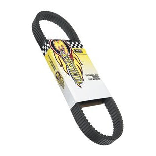 146-4626U3 Ultimax3 Drive Belt for Snowmobiles by Carlisle, featuring a black belt with yellow text and a double cog design, accompanied by a white and yellow box with black rubber bands.