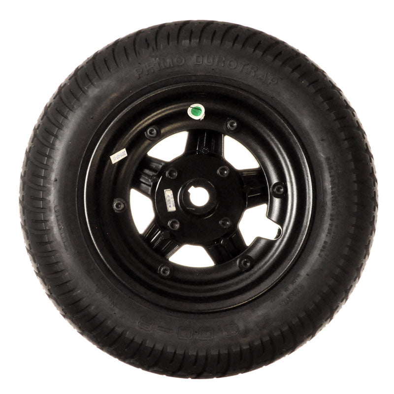 14x3 Black Flat-Free Drive Wheel Assembly for the Jazzy Select HD Power Chair, featuring a black tire with knobby tread and a matching black rim, ideal for replacement needs.