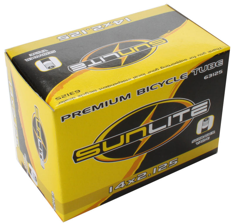 14x2.125 Bicycle Inner Tube with 32mm Straight Valve, packaged in a yellow and black Sunlite box, prominently displaying the product logo and essential labeling.