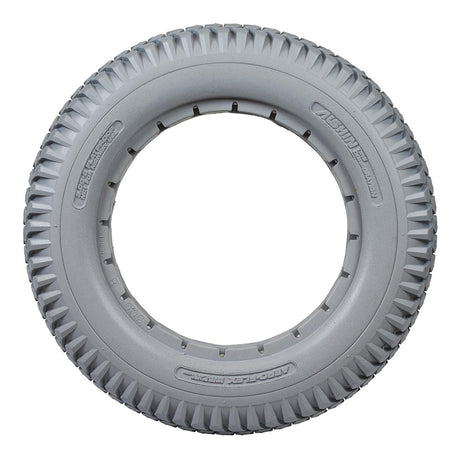 14x3 (3.00-8) Light Gray Solid Urethane Mobility Tire with Aero-flex™ Knobby Tread for Invacare Power Chairs; close-up view highlighting the tire's knobby tread pattern and solid structure.