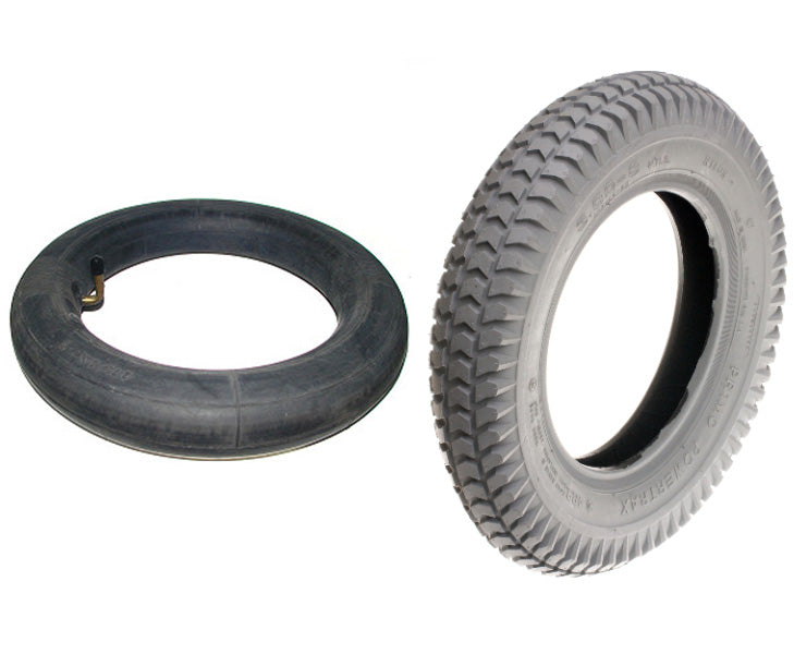 14x3 (3.00-8) Mobility Tire and Tube Set with Powertrax Knobby Tread, close-up of a black tire with visible tread, ideal for power chairs on unpaved surfaces.