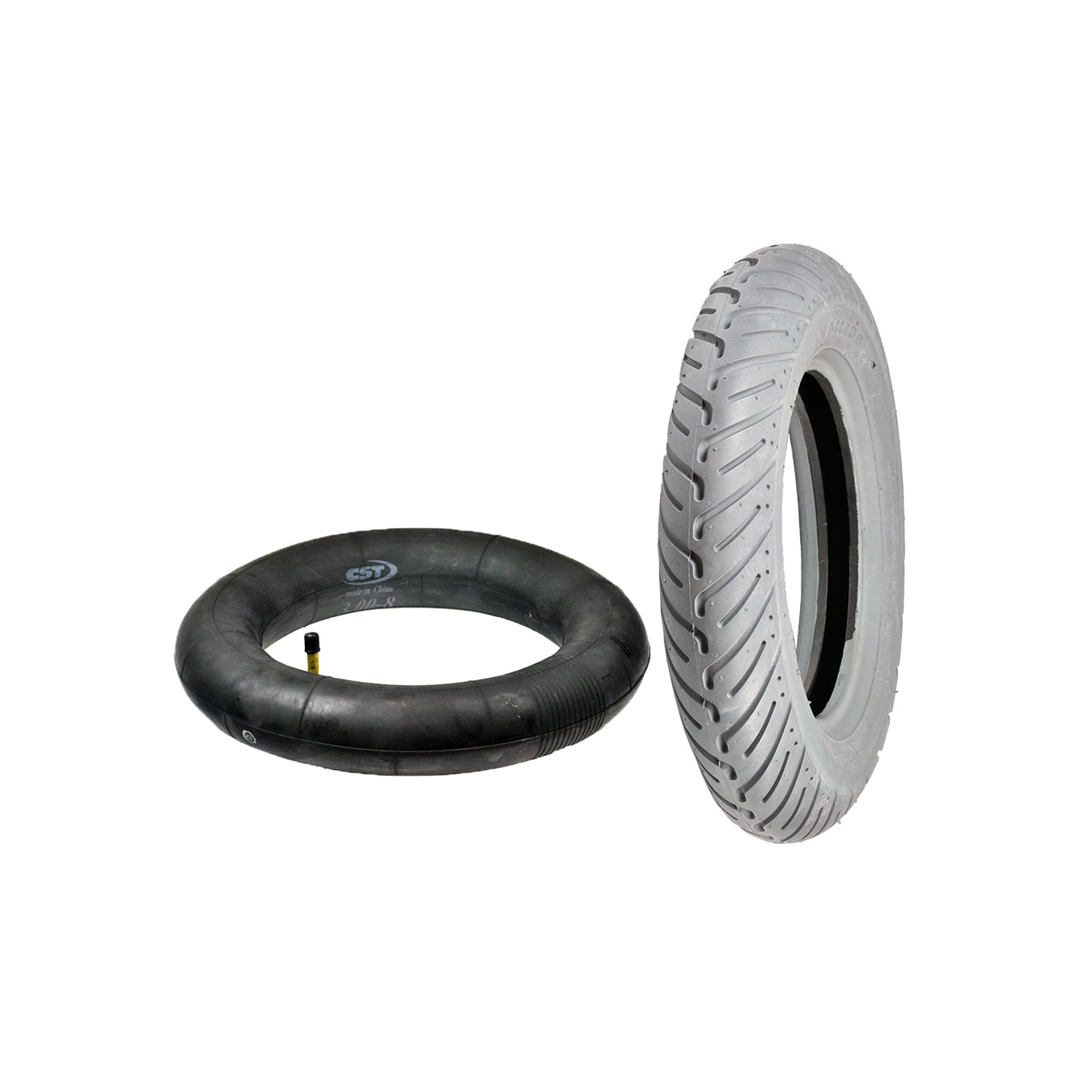 14x3 (3.00-8) Mobility Tire and Tube Set with V-Tread, featuring a non-marking gray V-tread pattern and a 90-degree angled valve stem, ideal for Invacare, Jazzy, and Quantum power chairs.