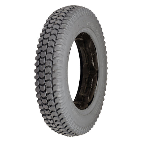 Close-up of the 14x3 (3.00-8) Foam-Filled Mobility Tire with C248 Powertrax Tread, showcasing its knobby pattern and solid insert for flat-free performance.