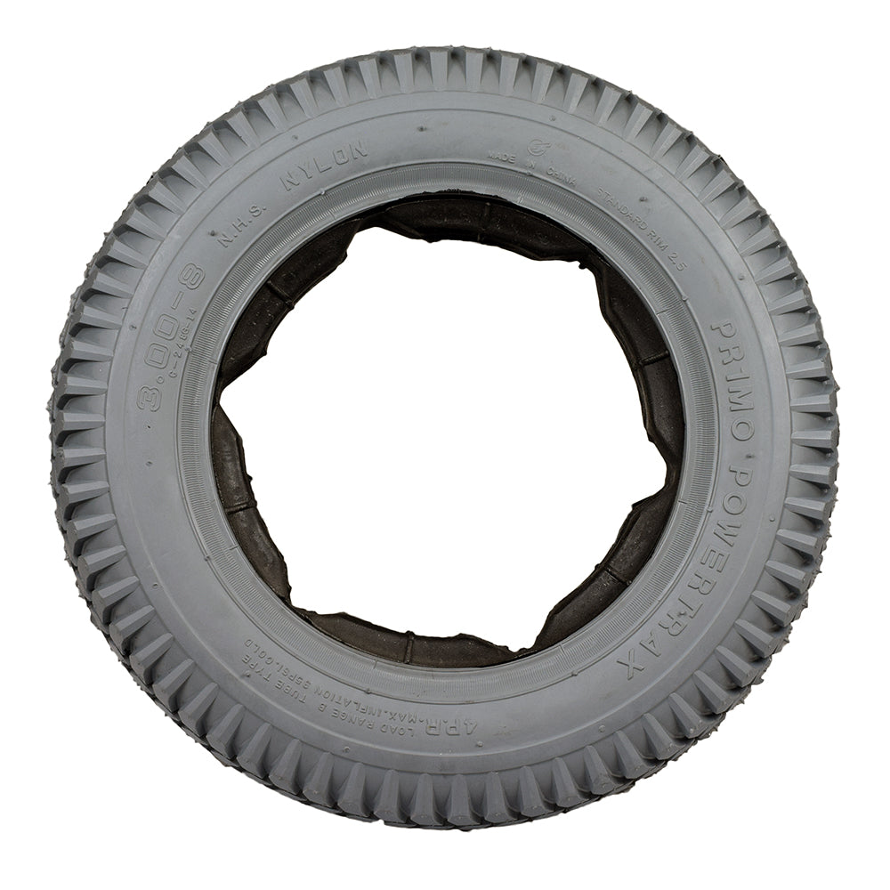 14x3 (3.00-8) Foam-Filled Mobility Tire with C248 Powertrax Tread; close-up shows knobby pattern and solid insert for flat-free performance, suitable for Jazzy 1122 and Pride Quantum R4000.