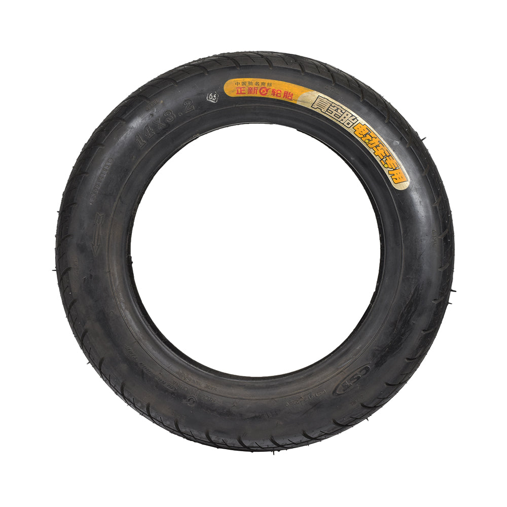 14x3.2 Scooter Tire with C1612 Tread Pattern for the Baja BE500, featuring a close-up view of its tread details and a visible sticker.