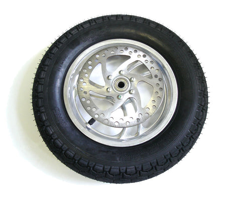 14 x 3 (3.00-8) Complete Front Wheel Assembly featuring a black tire with a silver rim and a visible disc, ideal for automotive use.