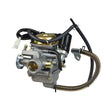 24mm PD24J Carburetor with Spring Drain Line for 125cc-150cc GY6 Scooters & Go-Karts, showcasing a close-up of the metal carburetor with attached hose and visible engine components.