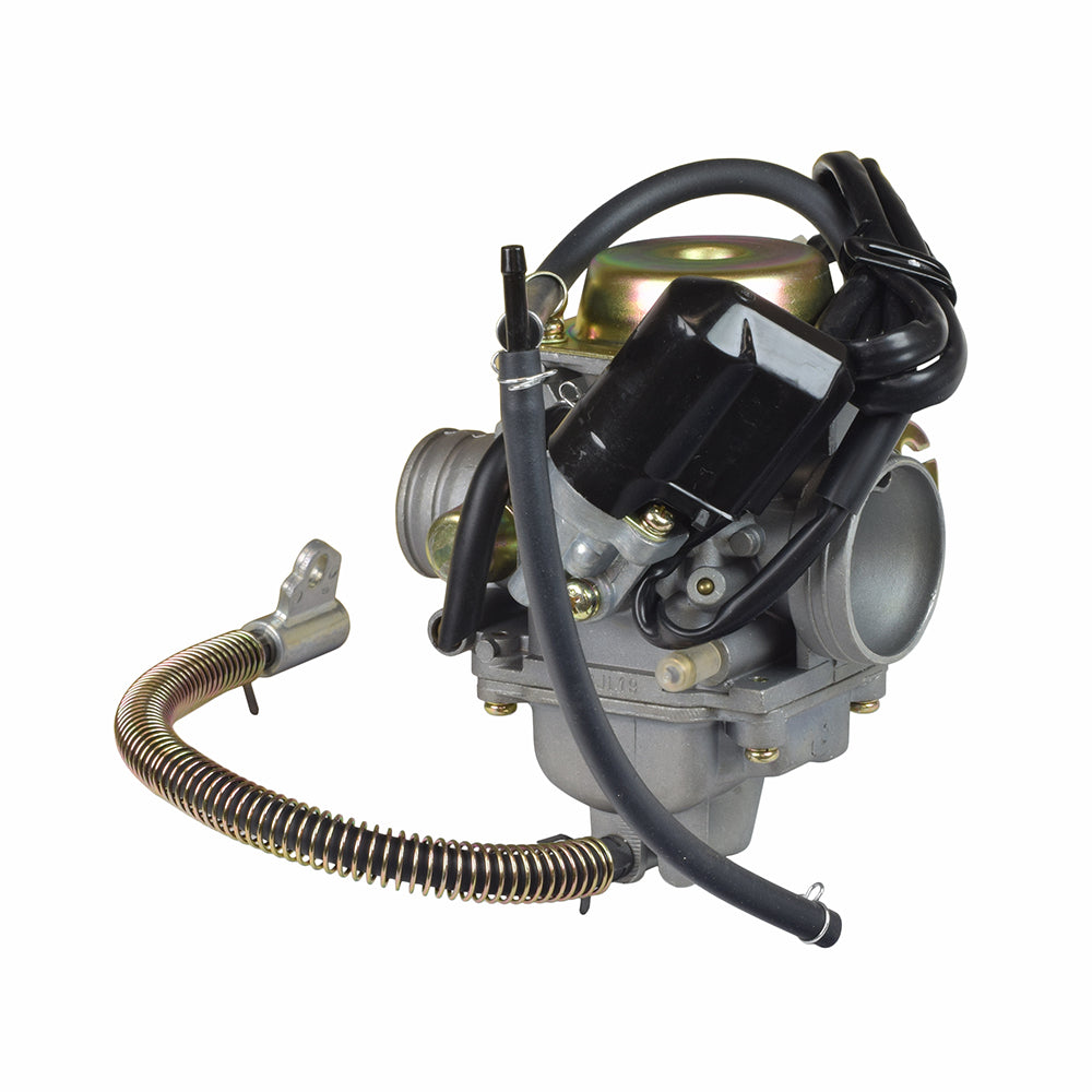 24mm PD24J Carburetor with Spring Drain Line for 125cc-150cc GY6 Scooters & Go-Karts, featuring a visible attached hose and close-up detailing of the metal components and intake diameter.