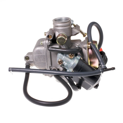 125cc-150cc GY6 Scooter, ATV, and Dirt Bike Carburetor with 24 mm Intake & Electric Choke (KunFu), shown in a close-up view highlighting grey metal body, black wires, and vacuum hoses.