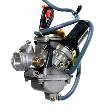 Close-up of the 125cc & 150cc GY6 Scooter Carburetor with 24 mm Intake & Drain on Bowl, highlighting intricate parts of the engine and black cable connections.