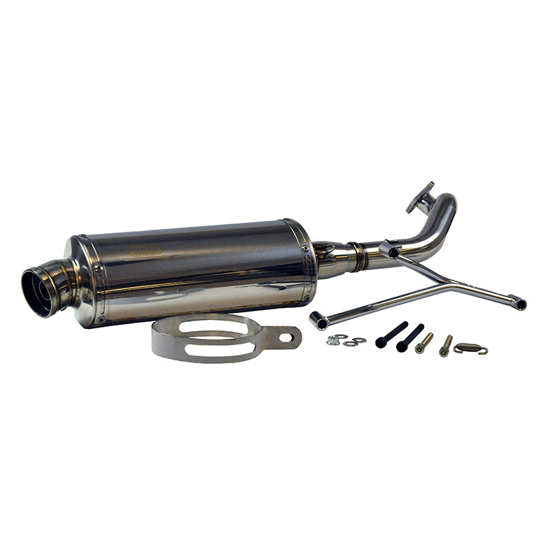 Oval Stainless Steel Exhaust Kit for 125cc & 150cc GY6 Scooters, featuring a close-up view of a silver muffler with multiple screws, designed for rust resistance and high performance.