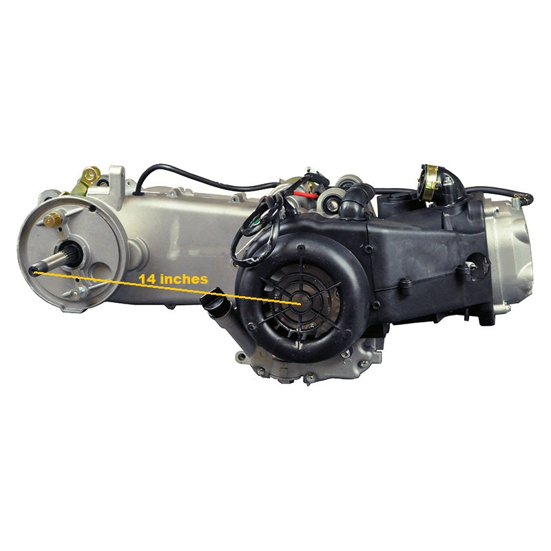 150cc Long Case 4-Stroke GY6 157QMJ Scooter Engine with Automatic CVT, showing a detailed close-up of the engine and its components, including the carburetor, rectifier, voltage regulator, and CDI.