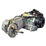 150cc Long Case 4-Stroke GY6 157QMJ Scooter Engine with Automatic CVT, close-up view showing detailed components including carburetor, rectifier, voltage regulator, and CDI.