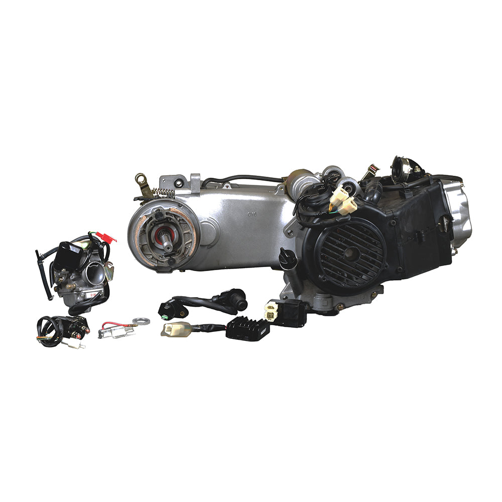 150cc Short Case 4-Stroke GY6 157QMJ Scooter Engine Kit with Automatic CVT, showcasing a close-up of the engine, carburetor, and black CVT cover. Includes critical parts like CDI and starter relay.