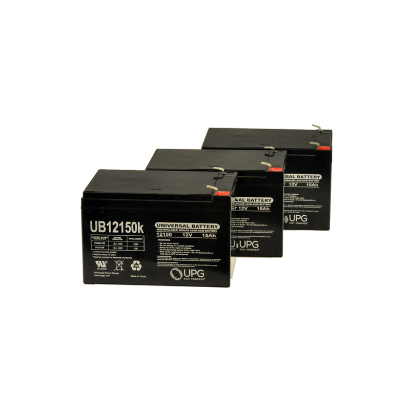 36 Volt Battery Pack for the MotoTec Maverick Electric Go-Kart showing a row of black batteries with red and white labels, available in 12 volt 12 Ah or 15 Ah options.