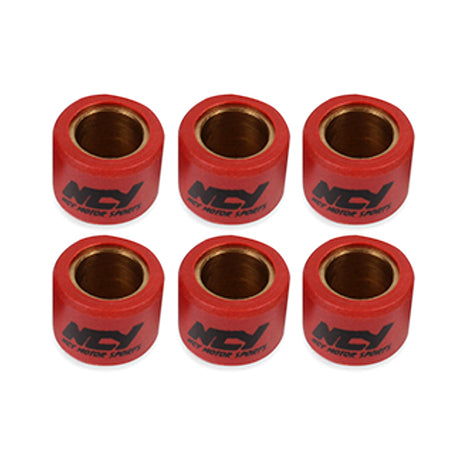 15x12 Roller Weights for Scooters and Motorcycles, displayed in a group of red cylindrical tape rolls with black text, showcasing high-quality NCY aftermarket parts designed for optimal scooter performance.