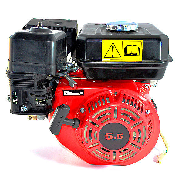 163cc 5.5 HP Motor Sports & Utility Engine, featuring a red and black machine with a manual pull start, black fuel tank, and various components including a carburetor, muffler, and air filter.