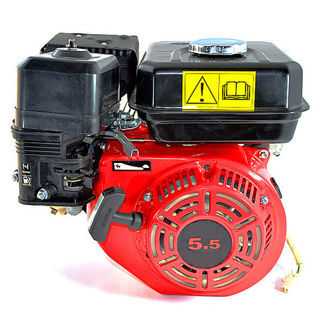 163cc 5.5 HP Motor Sports & Utility Engine, featuring a red and black machine with a manual pull start, black fuel tank, and various components including a carburetor, muffler, and air filter.