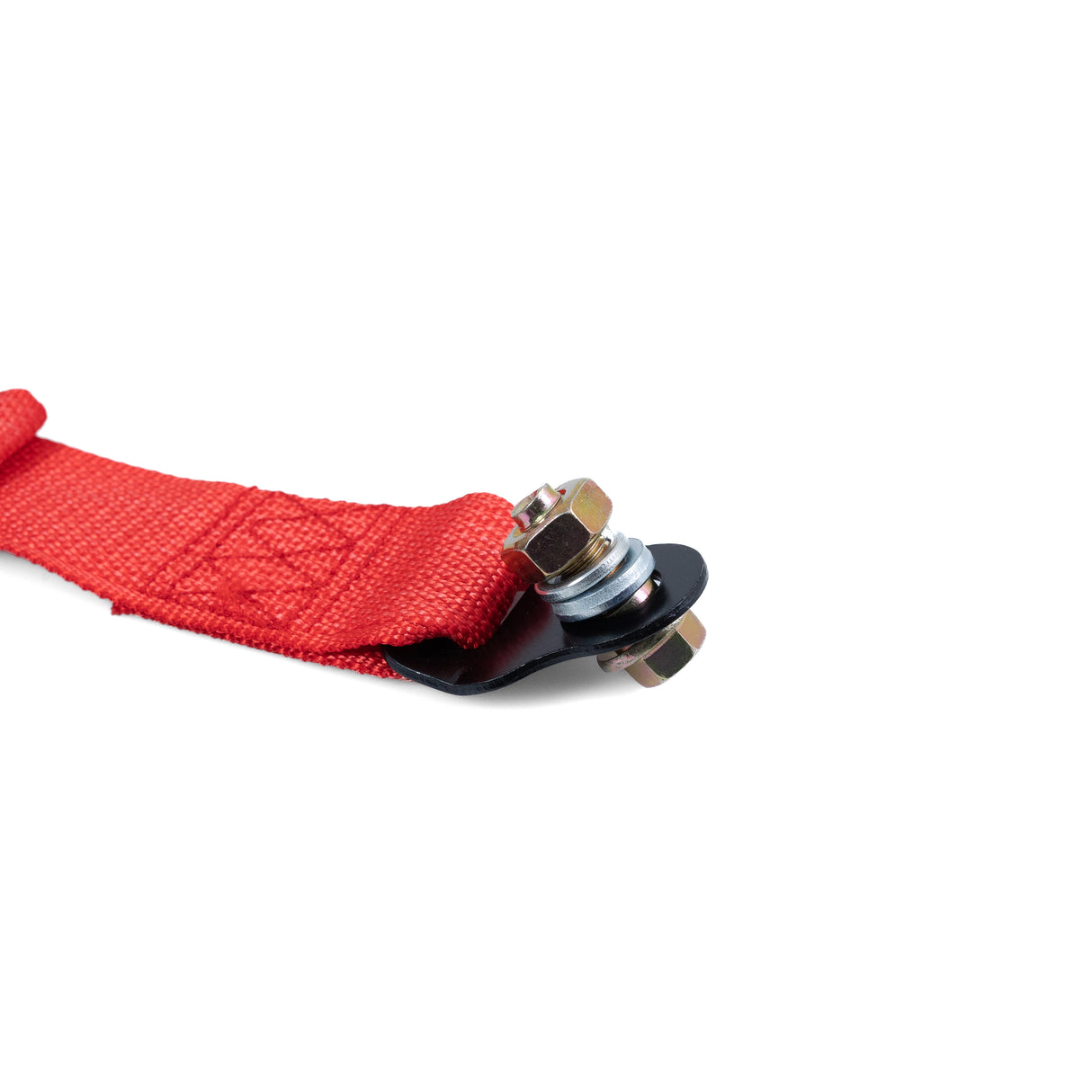 3-Point 4-Strap Seat Belt for Go-Karts featuring a red strap with a bolt and nut for secure attachment, ensuring safety and adjustability for a comfortable fit while driving.