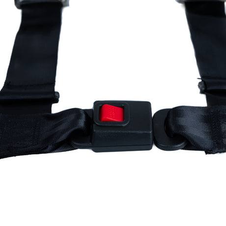 4-Point Seat Belt for Go-Karts featuring a close-up of the black strap with a red push-button release and strong 4-point attachment for secure rider support.