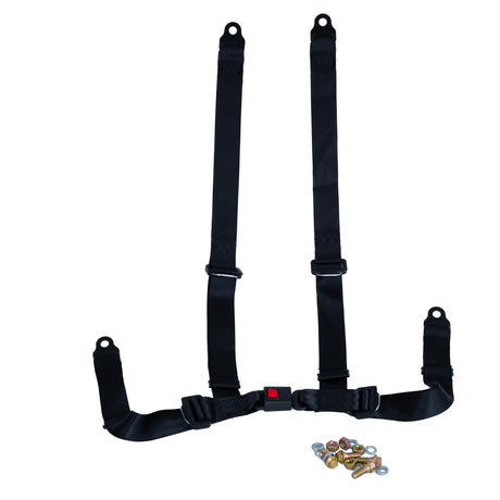 4-Point Seat Belt for Go-Karts featuring a black strap with a red push-button release and mounting hardware.