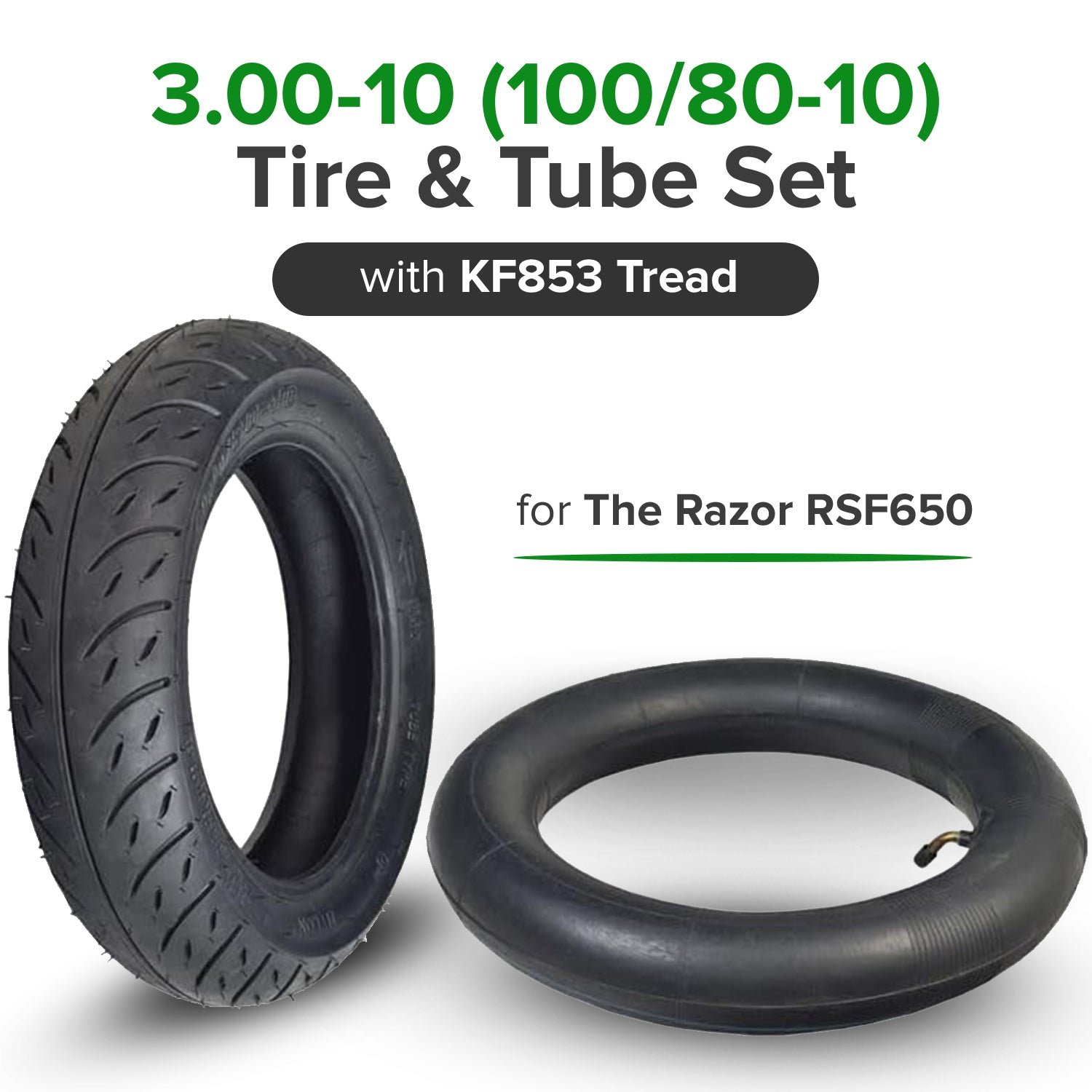 3.00-10 (100/80-10) Tire & Tube Set with KF853 Tread for the Razor RSF650