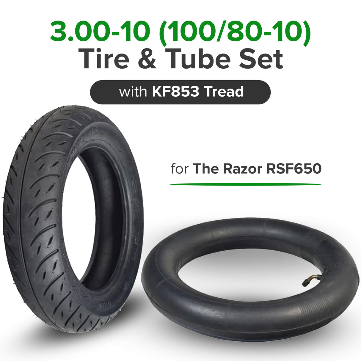 3.00-10 (100/80-10) Tire & Tube Set with KF853 Tread for the Razor RSF650