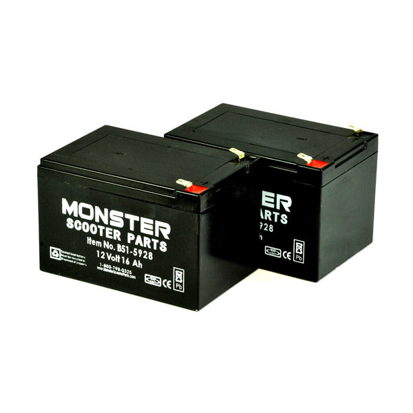 16 Ah 24 Volt (12 Ah Upgrade) AGM Scooter Battery Pack featuring black casing, white text, and close-up view of connectors, designed for superior performance and easy installation in scooters.