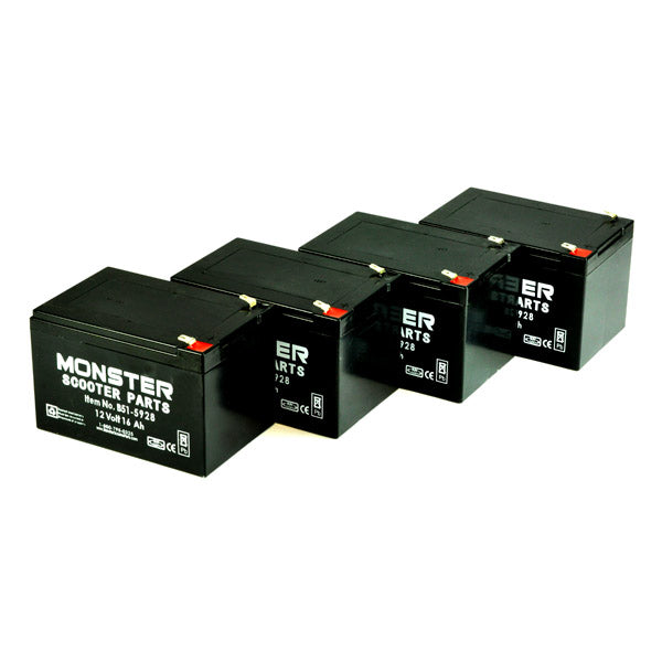 16 Ah 48 Volt (12 Ah Upgrade) AGM Scooter Battery Pack, showing a group of four black rectangular batteries with white text, featuring spill-proof design and F2 slide-on clip connectors for easy installation.