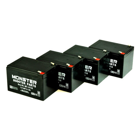 16 Ah 48 Volt (12 Ah Upgrade) AGM Scooter Battery Pack, showing a group of four black rectangular batteries with white text, featuring spill-proof design and F2 slide-on clip connectors for easy installation.