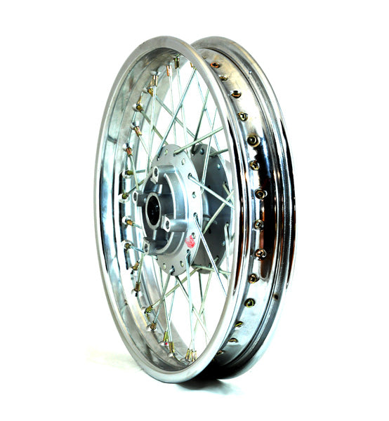 Close-up of the 16 Rear Rim for the Baja Dirt Runner (DR125), showcasing its intricate chrome spokes and robust metal construction.