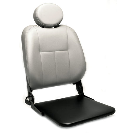 Hi-Back Deluxe Contour Limited Recline Solid Seat Pan Vinyl Seat Assembly for Pride Scooters and Jazzy Power Chairs featuring a white leather seat with a black cushion and grey leather chair back.