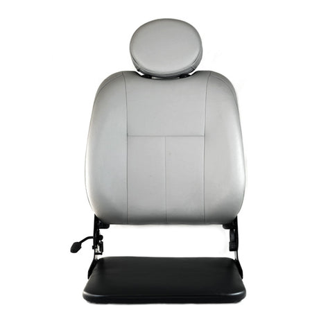 Hi-Back Deluxe Contour Limited Recline Solid Seat Pan Vinyl Seat Assembly for Pride Scooters and Jazzy Power Chairs, featuring a grey leather seat with a black base and adjustable pinchless seat hinges.