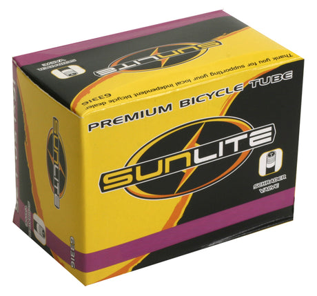 16x1-3/8 Bicycle Inner Tube with Straight Valve in Sunlite packaging, featuring a prominent black and yellow logo on the box.