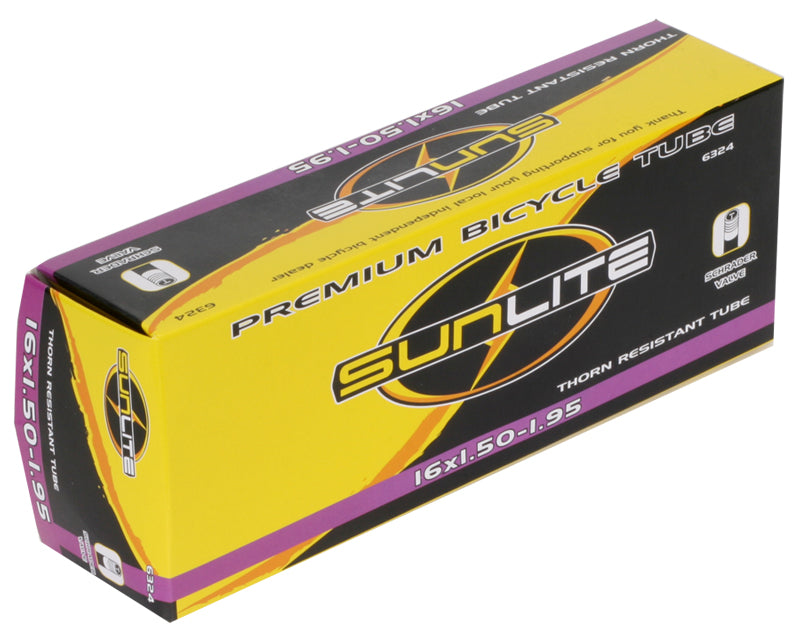 16x1.50-1.95 Heavy Duty Thorn Resistant Bicycle Inner Tube with Straight Schrader Valve, displayed in a labeled yellow and black box suitable for replacing old bike inner tubes.