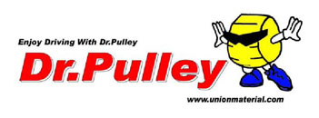 Logo with red text and a cartoon ball with arms and legs, featuring Dr Pulley's 16x13 Sliding Roller Weights for Honda and Yamaha 50cc scooters, enhancing gear ratio performance.