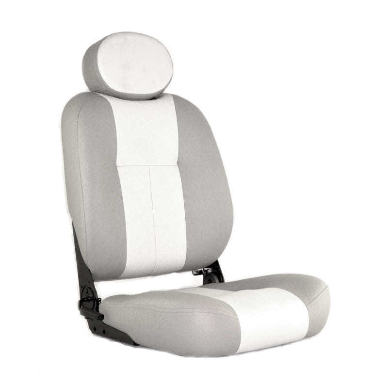 16X18 Two-Tone Gray Limited Recline Seat Assembly for Jazzy Power Chairs, featuring a vinyl upholstered seat base, Hi-Back seat back, and headrest, with angle adjustable, pinchless seat hinges.