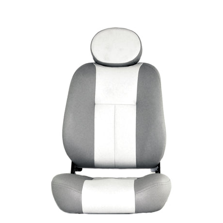 16X18 Two-Tone Gray Limited Recline Seat Assembly for Jazzy Power Chairs, featuring a vinyl upholstered seat base, high-back, headrest, and angle adjustable, pinchless seat hinges. No under-seat frame or mounting hardware included.