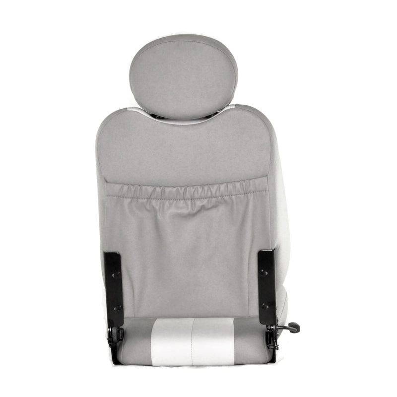 16X18 Two-Tone Gray Limited Recline Seat Assembly for Jazzy Power Chairs, featuring a grey vinyl seat with a white cushion, a Hi-Back seat back, headrest, and adjustable hinges.