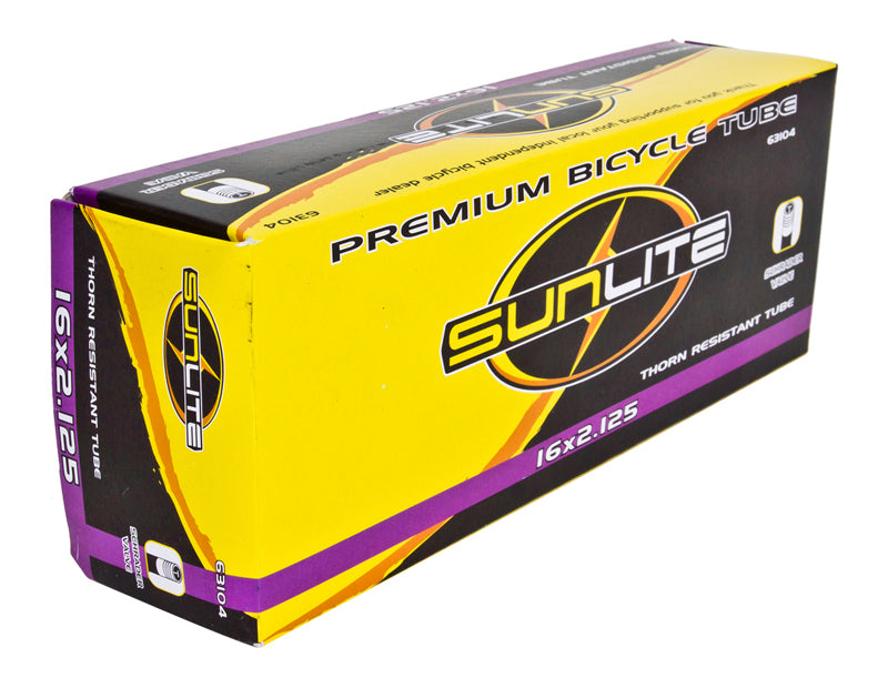 16x2.125 Heavy Duty Thorn Resistant Kick Scooter Inner Tube with Straight Valve by Sunlite Cycling, packaged in a branded yellow and purple box, ideal for replacing old inner tubes.