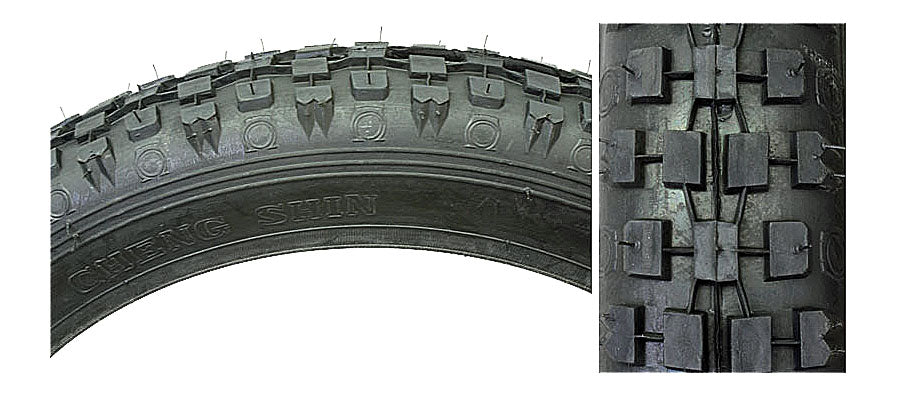 Close-up of a 16x2.125 Kick Scooter Tire with C93 Knobby Tread, showing the deep, square-patterned knobs designed for enhanced traction on dirt and grass.