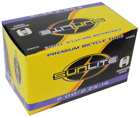 16x200/225 Bicycle Inner Tube with Straight Valve packaged in a labeled box. The box prominently features product information, indicating its purpose as a replacement bike inner tube from Sunlite.