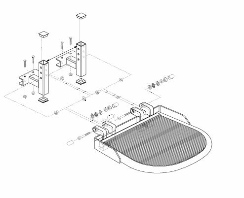 17x16 steel footrest platform assembly for the Jazzy 1650, featuring a detailed technical drawing with all hardware and mounting brackets depicted in the sketch.